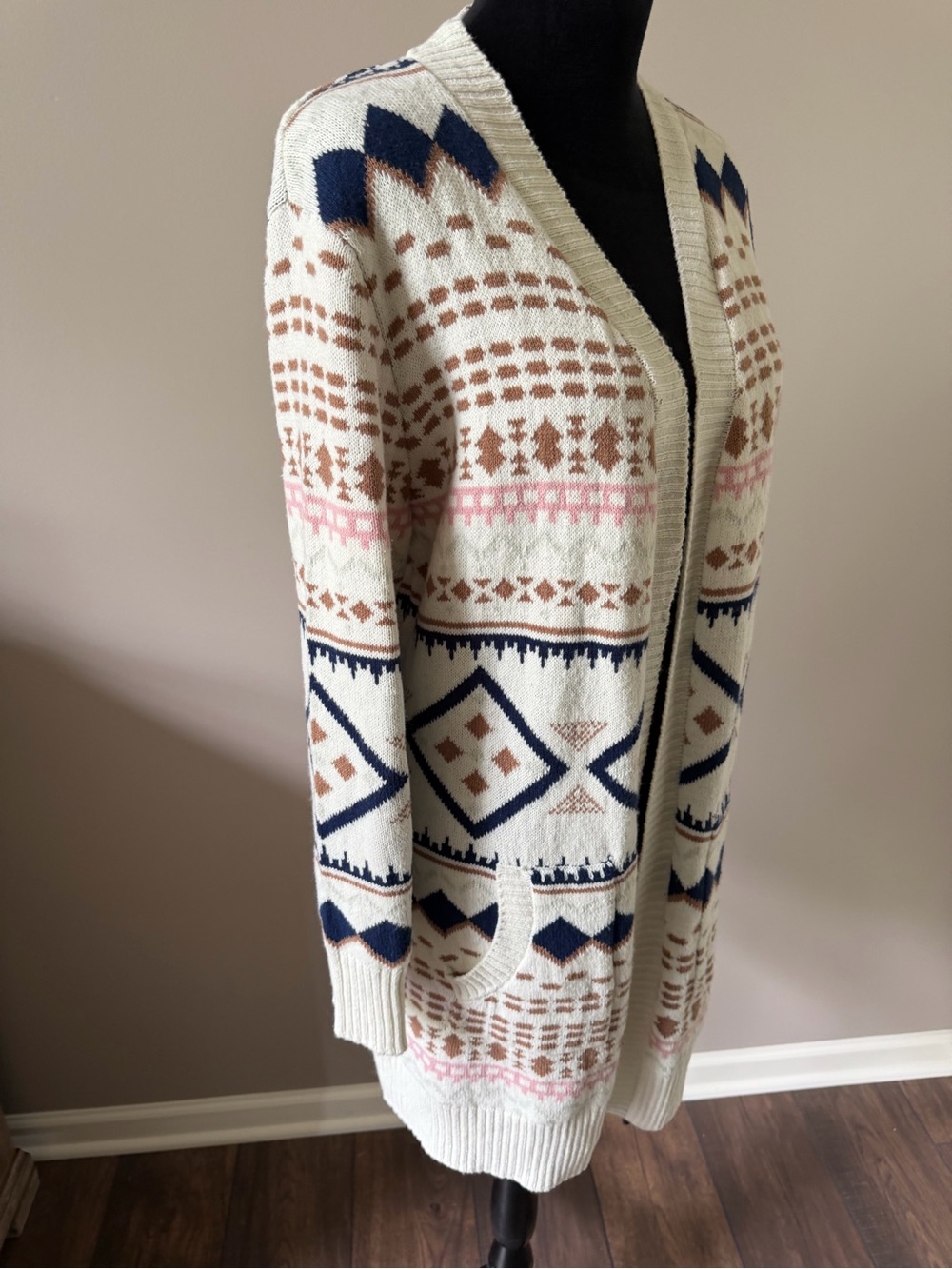 Serra NEW w/Tags Open-Front Ivory Geometric Knit Long Cardigan Sweater Large - Picture 4 of 8